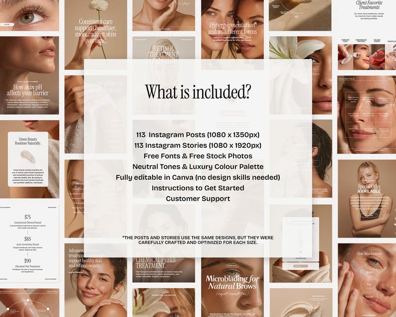 May include: A collection of Instagram posts and stories templates in neutral tones. The image includes text that reads "What is included?" followed by a list of features, including free fonts and stock photos, and instructions. The templates are fully editable in Canva.
