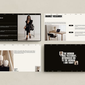 May include: Four website pages with black and white text and images. The first page has a black background with the word "VISION" in white text. The second page has a white background with the word "TONE" in black text. The third page has a white background with the words "MARKET RESEARCH" in black text. The fourth page has a black background with the text "THE WOMAN WAS YESTERDAY, INTRODUCED ME TO THE WOMAN I AM TODAY" in white text.