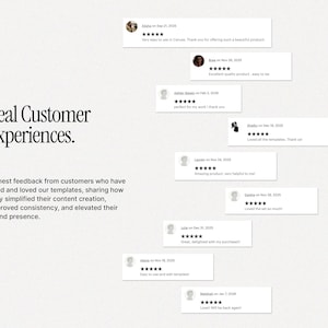May include: A light beige background with the text "Real Customer Experiences." and customer testimonials. The testimonials include star ratings and comments like "Very easy to use in Canvas" and "Loved the templates."
