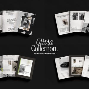 Puede incluir: Una colección de cuadernos abiertos e imágenes enmarcadas con el texto "CRAFT THE STORY NOT THE PRODUCT" y "Olivia Collection. 320 INSTAGRAM TEMPLATES" sobre un fondo negro. Las imágenes presentan elementos de moda y diseño.