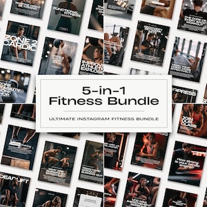 May include: A collection of Instagram fitness posts. The central image features the text "5-in-1 Fitness Bundle" and "Ultimate Instagram Fitness Bundle." Surrounding images showcase workout routines, including "Zone 2 Cardio" and "Deadlift."