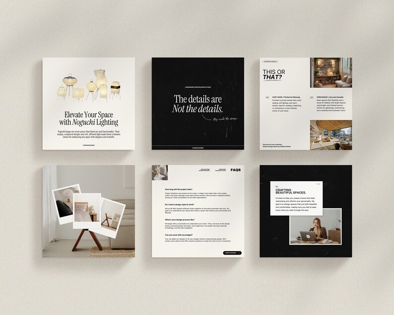 May include: A collection of black and white interior design inspiration images with text that reads "The details are not the details." and "Elevate Your Space with Noguchi Lighting".