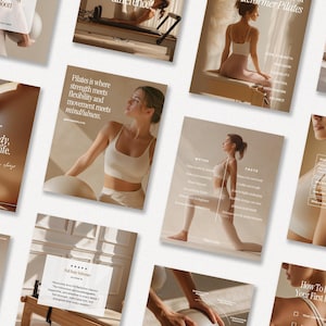 May include: A series of promotional materials for a Pilates studio. The images show women in activewear performing Pilates exercises. The colour scheme is neutral, with beige and white tones. Text includes phrases like "Control your body, transform your life."