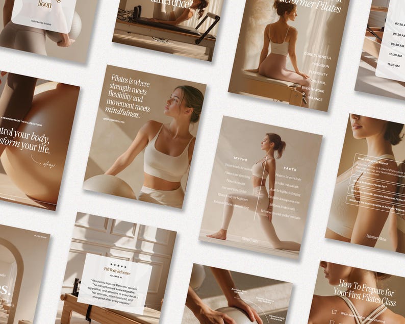 May include: A series of promotional materials for a Pilates studio. The images show women in activewear performing Pilates exercises. The colour scheme is neutral, with beige and white tones. Text includes phrases like "Control your body, transform your life."