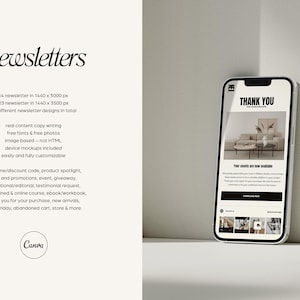 May include: A mockup of a mobile phone displaying a newsletter template with the text "Thank You" and a photo of a living room with a sofa and coffee table. The newsletter template includes a call to action button that says "Download Now".