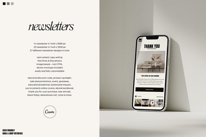 May include: A mockup of a mobile phone displaying a newsletter template with the text "Thank You" and a photo of a living room with a sofa and coffee table. The newsletter template includes a call to action button that says "Download Now".