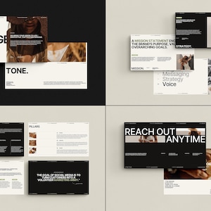 Puede incluir: Una presentaci&oacute;n en blanco y negro con las palabras "Messaging Strategy - Voice" y "Reach Out Anytime" sobre un fondo blanco. La presentaci&oacute;n incluye im&aacute;genes de una mujer con un traje de ba&ntilde;o y un primer plano de una superficie de madera.