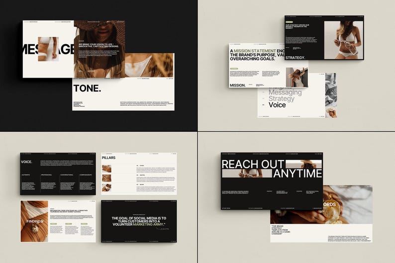 Puede incluir: Una presentaci&oacute;n en blanco y negro con las palabras "Messaging Strategy - Voice" y "Reach Out Anytime" sobre un fondo blanco. La presentaci&oacute;n incluye im&aacute;genes de una mujer con un traje de ba&ntilde;o y un primer plano de una superficie de madera.