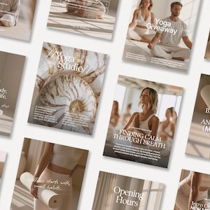 May include: A collection of social media templates featuring neutral beige tones, yoga-themed imagery, and text overlays including Yoga Studio, Finding Calm Through Breath, and Yoga Giveaway, designed for wellness and fitness branding.