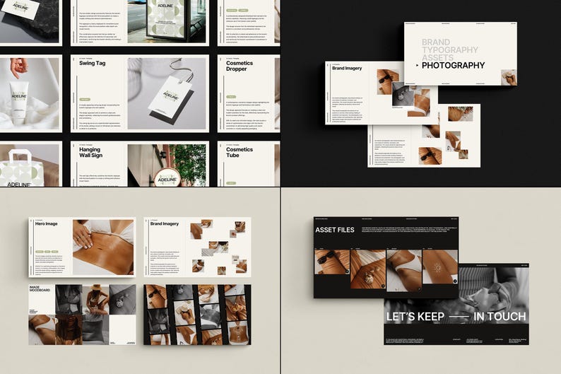 Puede incluir: Una maqueta de una gu&iacute;a de marca para una empresa llamada "Adeline". La gu&iacute;a incluye una variedad de activos de marca, como un logotipo, un empaque y fotograf&iacute;a. La gu&iacute;a est&aacute; dise&ntilde;ada para ayudar a las empresas a crear una identidad de marca consistente.