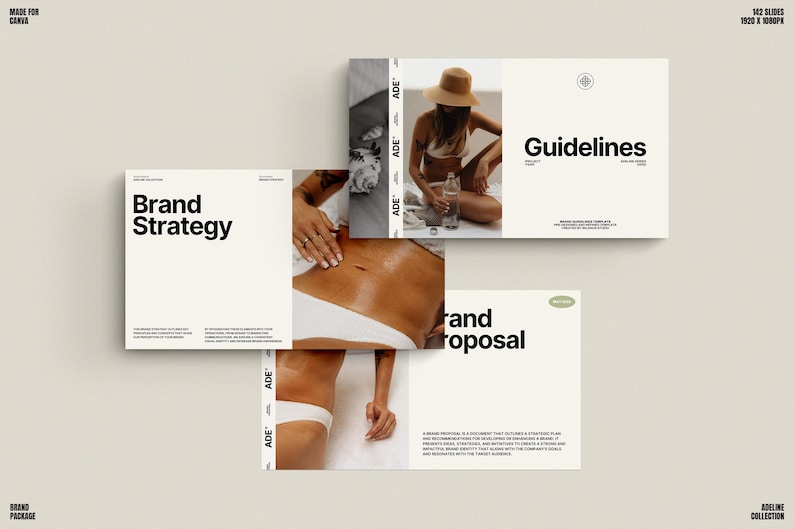 Puede incluir: Una gu&iacute;a de marca con el texto "Brand Strategy", "Brand Proposal" y "Guidelines" en las portadas. La gu&iacute;a presenta a una mujer en bikini blanco y un sombrero de paja.