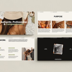 May include: A brand guide with the text "Authentic. Professional. & Compassionate." on the cover. The guide includes sections on purpose, framework, and visual style. The images in the guide feature a woman wearing a hat, a woman holding oranges, and a woman with her hair blowing in the wind.