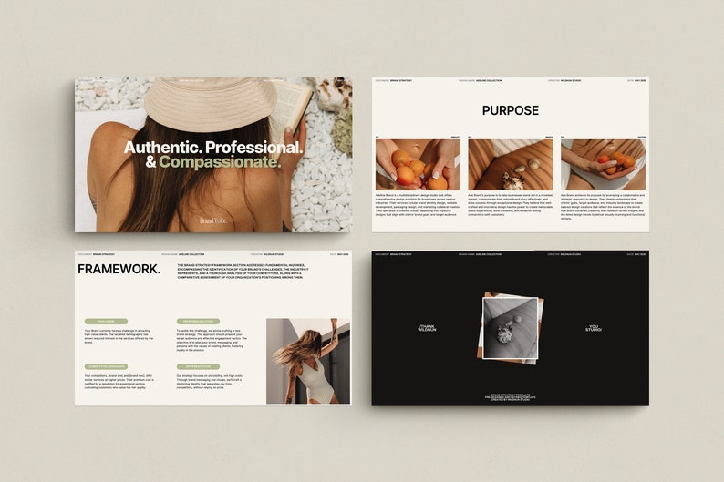 May include: A brand guide with the text "Authentic. Professional. & Compassionate." on the cover. The guide includes sections on purpose, framework, and visual style. The images in the guide feature a woman wearing a hat, a woman holding oranges, and a woman with her hair blowing in the wind.