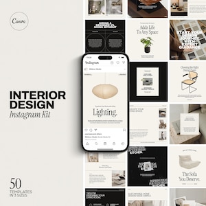 May include: A set of 50 Instagram templates for interior design businesses. The templates feature a variety of styles and colors, including black, white, and beige. The templates are designed to help businesses promote their services and connect with potential clients.
