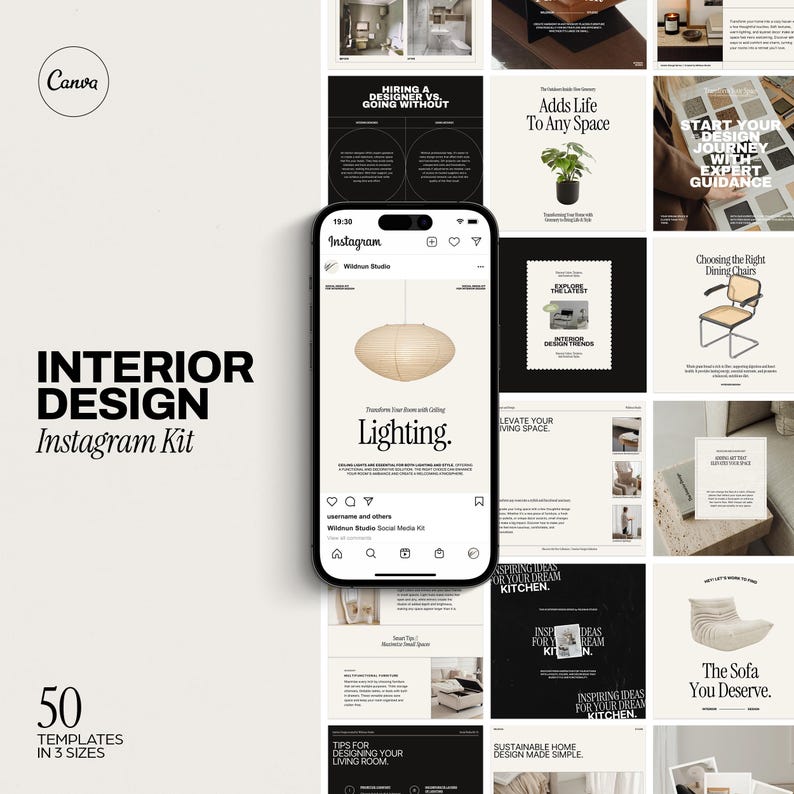 May include: A set of 50 Instagram templates for interior design businesses. The templates feature a variety of styles and colors, including black, white, and beige. The templates are designed to help businesses promote their services and connect with potential clients.