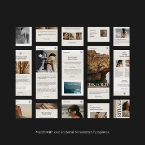 May include: A collection of digital newsletter templates featuring a neutral color palette of beige, cream, and dark brown. The layouts include various text blocks, photography of natural landscapes, and the text "UNFOLD", "RITUALS", and "Black Friday".