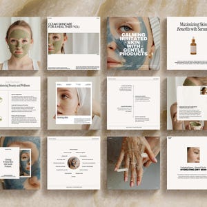 May include: A collage of images showcasing skincare products and techniques. The images include a person applying a green face mask, a person using a jade roller, a person applying a serum, and a person using a hand cream. The text on the images includes "Clean Skincare for a Healthier You", "Calming Irritated Skin with Gentle Products", "Maximizing Skin Benefits with Serums", "Balancing Beauty and Wellness", "Calming Irritated Skin with Gentle Products", "Hydrating Dry Skin".