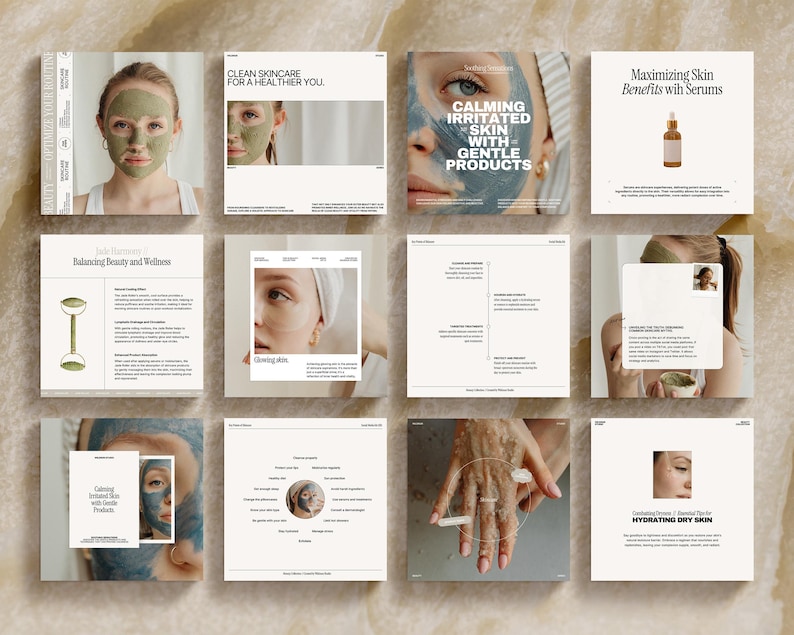 May include: A collage of images showcasing skincare products and techniques. The images include a person applying a green face mask, a person using a jade roller, a person applying a serum, and a person using a hand cream. The text on the images includes "Clean Skincare for a Healthier You", "Calming Irritated Skin with Gentle Products", "Maximizing Skin Benefits with Serums", "Balancing Beauty and Wellness", "Calming Irritated Skin with Gentle Products", "Hydrating Dry Skin".