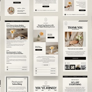 Puede incluir: Una colección de plantillas de correo electrónico para marketing y branding. Las plantillas presentan un diseño minimalista con texto en blanco y negro e imágenes de flores. El texto incluye frases como "Gracias por suscribirte", "Eleva tu negocio con nuestros servicios de marketing digital" y "Construyendo tu estrategia de marketing".