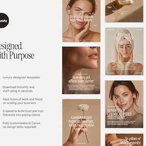 May include: A promotional image for Canva featuring beauty and skincare templates. The image includes text such as "Designed with Purpose", "Healthy skin starts with small habits", and "Retinol Treatment Benefits". The image also highlights the benefits of using Canva templates.