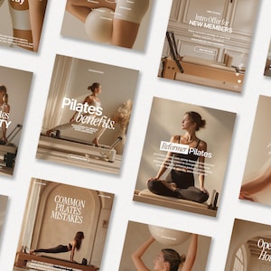 Puede incluir: Una colección de carteles promocionales para un estudio de Pilates. Los carteles presentan imágenes de personas haciendo ejercicios de Pilates, con texto superpuesto. La paleta de colores es neutra, con tonos beige y blanco.