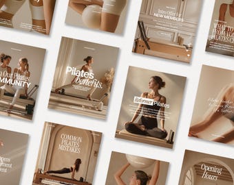 Plantillas de Pilates para Instagram, Diseño de Pilates de lujo, Redes sociales de Pilates con reformer, Paquete para estudio de Pilates, Plantilla de Canva, Publicaciones de Pilates
