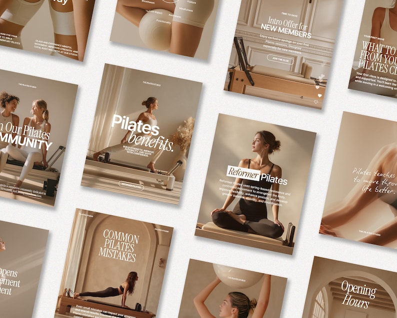 May include: A series of promotional posters for a Pilates studio. The posters feature images of people performing Pilates exercises, with text. The colour scheme is neutral, with beige and white tones.