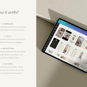 May include: A screenshot of a computer screen showing a Canva design template. The template is a digital planner with a minimalist design. The screen shows a variety of pages, including a daily planner, a weekly planner, and a goal setting page. The text on the screen says "how it works?" and includes instructions for downloading, logging in, customizing, and using the template.