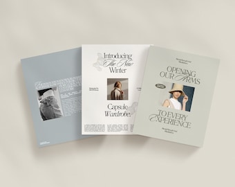 May include: Three magazine covers with a minimalist design. The first cover features a woman wearing jeans and a white shirt. The second cover features a woman wearing a striped sweater and a hat. The third cover features a woman wearing a white shirt and a hat. The text on the covers reads "Introducing the New Winter Capsule Wardrobe" and "Opening Our Arms to Every Experience".