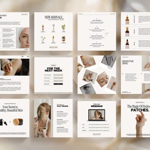 May include: A collage of images promoting skincare products and services. The images feature close-ups of facial products, a woman applying a clay mask, and a woman using a facial roller. The text on the images includes "Unlock your skin's Potential", "New Arrivals", "For the Next Week", "Clay Masks", "Join our Webinar", "The Magic of Hydrogel Patches", and "Sensitive Skin".