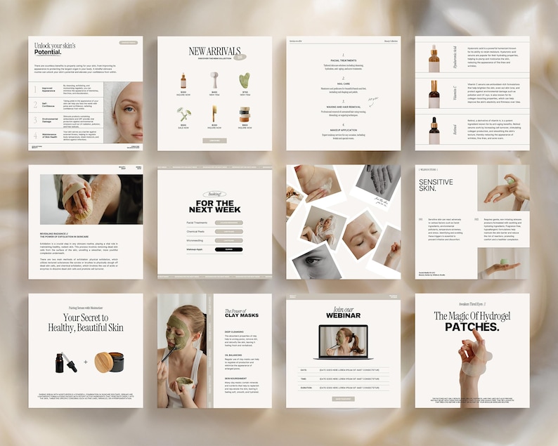 May include: A collage of images promoting skincare products and services. The images feature close-ups of facial products, a woman applying a clay mask, and a woman using a facial roller. The text on the images includes "Unlock your skin's Potential", "New Arrivals", "For the Next Week", "Clay Masks", "Join our Webinar", "The Magic of Hydrogel Patches", and "Sensitive Skin".
