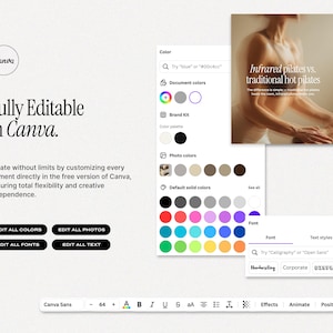 May include: A digital design interface with the Canva logo and the text "Fully Editable in Canva." The interface displays colour palettes, font options, and a comparison of infrared pilates vs. traditional hot pilates.