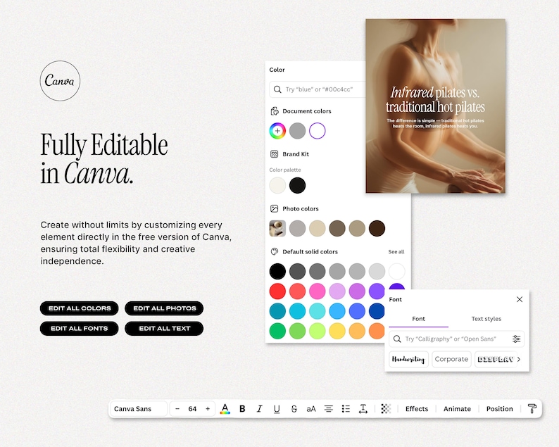 May include: A digital design interface with the Canva logo and the text "Fully Editable in Canva." The interface displays colour palettes, font options, and a comparison of infrared pilates vs. traditional hot pilates.
