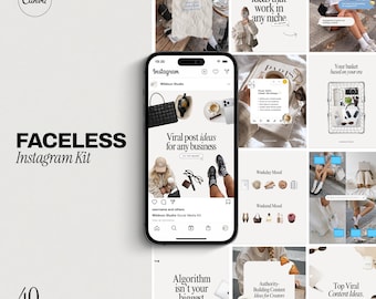 Könnte beinhalten: Ein digitales Produkt-Mockup mit einem Smartphone, das einen Instagram-Post anzeigt, umgeben von Lifestyle-Bildern. Der Text "FACELESS Instagram Kit" und "40 TEMPLATES IN 2 SIZES" ist sichtbar. Das Canva-Logo befindet sich oben links.