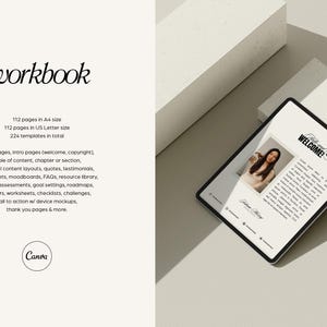May include: A digital tablet mockup displaying a workbook template with the text "WELCOME!" on the screen. The tablet is on a white surface with a white background.