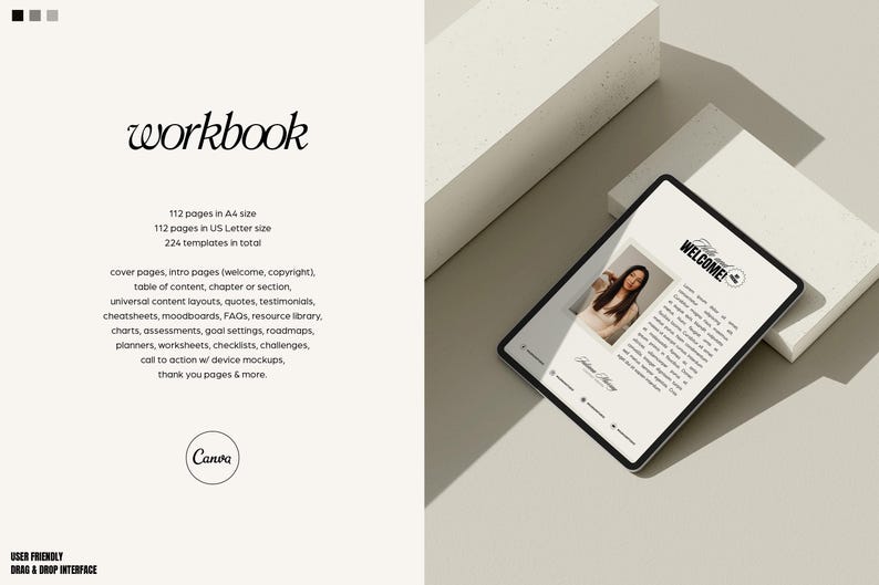 May include: A digital tablet mockup displaying a workbook template with the text "WELCOME!" on the screen. The tablet is on a white surface with a white background.