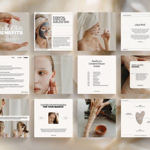 May include: A collage of nine images with tips and advice for skincare. The images feature close-ups of faces, hands, and products. The text includes "Radiate Skin Benefits", "Essential Steps for Ageless Skin", "Benefits of a Consistent Skincare Routine", "Unlock Your Skin's Potential", "Good skin is the best foundation for your makeup", and "FAQS".