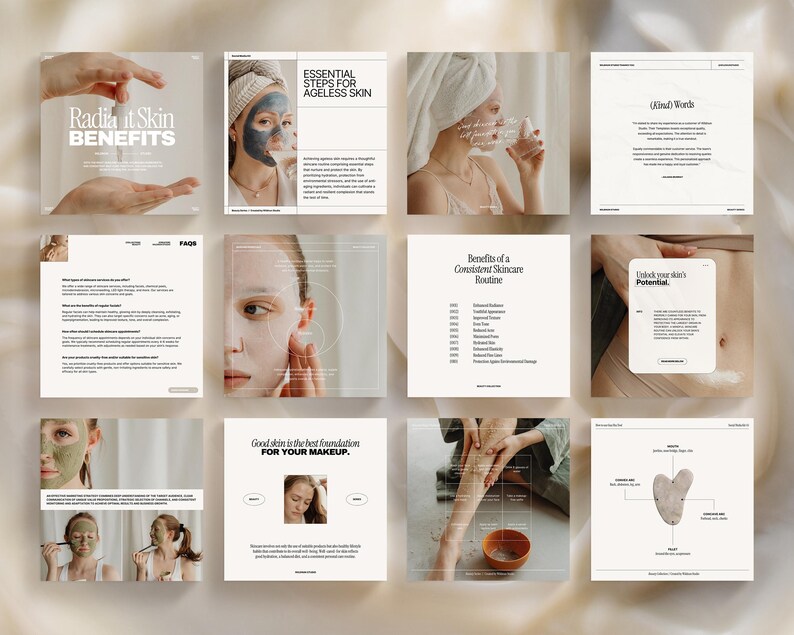 May include: A collage of nine images with tips and advice for skincare. The images feature close-ups of faces, hands, and products. The text includes "Radiate Skin Benefits", "Essential Steps for Ageless Skin", "Benefits of a Consistent Skincare Routine", "Unlock Your Skin's Potential", "Good skin is the best foundation for your makeup", and "FAQS".