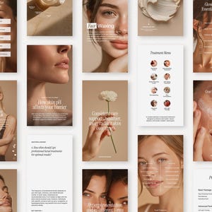 May include: A collage of beauty and skincare promotional materials. The images include close-ups of faces, text about treatments, and a price list. The color palette is neutral with beige and white tones. The text includes phrases like "Face Waxing" and "Clear Skin Formula."