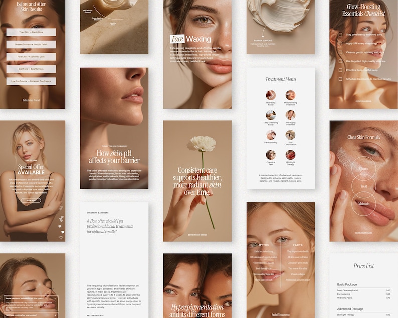 May include: A collage of beauty and skincare promotional materials. The images include close-ups of faces, text about treatments, and a price list. The color palette is neutral with beige and white tones. The text includes phrases like "Face Waxing" and "Clear Skin Formula."
