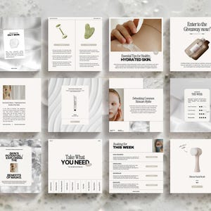 May include: A collection of social media graphics for a skincare brand. The graphics feature images of skincare products, tools, and text about skincare tips and benefits. The graphics are designed in a minimalist style with a white background and black text.