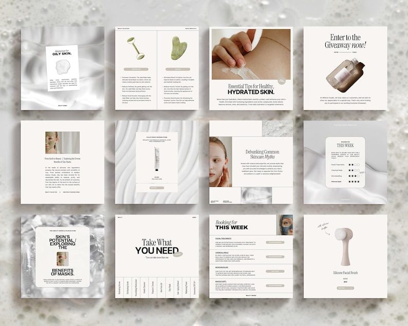 May include: A collection of social media graphics for a skincare brand. The graphics feature images of skincare products, tools, and text about skincare tips and benefits. The graphics are designed in a minimalist style with a white background and black text.