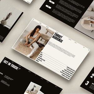 May include: A black and white design document with the text "Pillars", "Get in Touch", "Target Audience", and "Purpose" in bold white text. The document includes a photo of a woman wearing a white sports bra and gray sweatpants sitting on a woven rug.