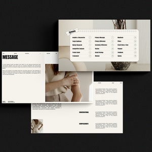 May include: A beige and white presentation board with the word "Contents" in black text. The board is divided into two columns with a list of topics related to branding and marketing.