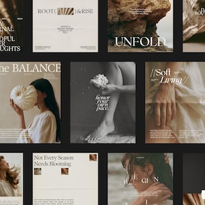 Puede incluir: Una colección de plantillas digitales para redes sociales en tonos tierra neutros, con tipografía serif e imágenes de conchas, paisajes naturales y personas. El texto incluye frases como Daily Journal of Mindful Inner Thoughts, Root and Rise, Unfold, The Balance, Honor Your Own Pace, Soft Living, Rituals y Not Every Season Needs Blooming.