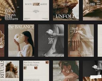 Redactionele Instagram-sjablonen voor welzijn. Canva-sjablonen voor holistische gezondheid. Sociale mediapakket voor bewust leven. Instagram-berichten over life coaching en yoga.