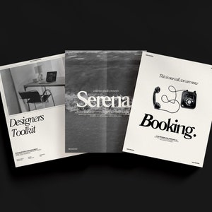 Puede incluir: Tres carteles en blanco y negro con texto e imágenes. El primer cartel dice "Designers Toolkit" y tiene una foto de una silla y una computadora portátil. El segundo cartel dice "Serena" y tiene una foto de una playa. El tercer cartel dice "This is our call, we are here now" y tiene una foto de un teléfono rotatorio vintage. Los tres carteles tienen un fondo blanco.