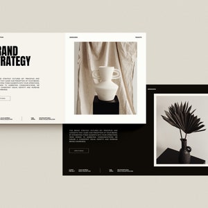May include: A black and white brand strategy presentation with the text "Brand Strategy" in bold, a white ceramic vase with two handles on a black pedestal, and a black and white photo of a black palm leaf in a black vase on a black pedestal.