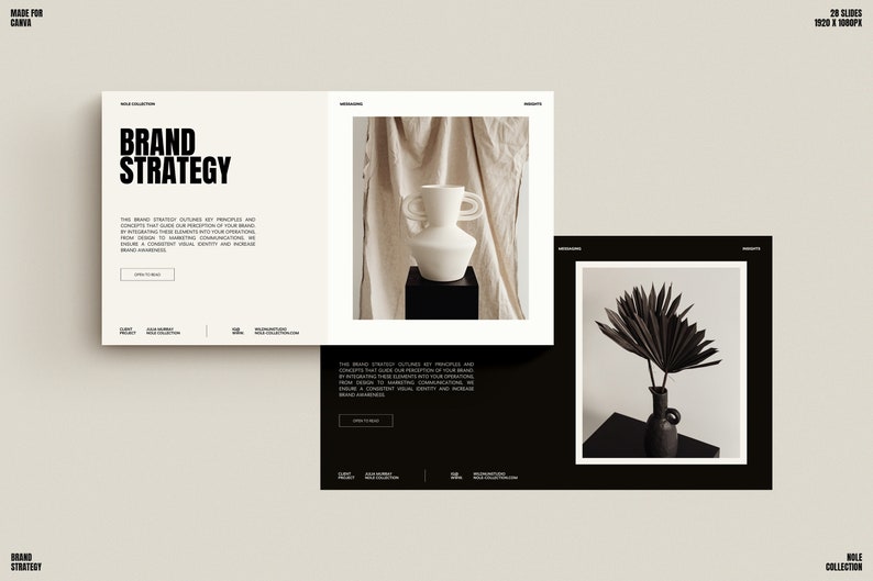 May include: A black and white brand strategy presentation with the text "Brand Strategy" in bold, a white ceramic vase with two handles on a black pedestal, and a black and white photo of a black palm leaf in a black vase on a black pedestal.