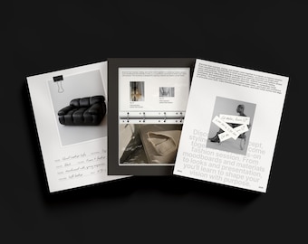 Puede incluir: Tres plantillas de redes sociales en blanco y negro sobre un fondo negro. Las plantillas incluyen imágenes de un sofá de cuero negro, una sesión de moda y un cuaderno. El texto incluye "MADE FOR CANVA" y "40 PLANTILLAS EN 2 TAMAÑOS".